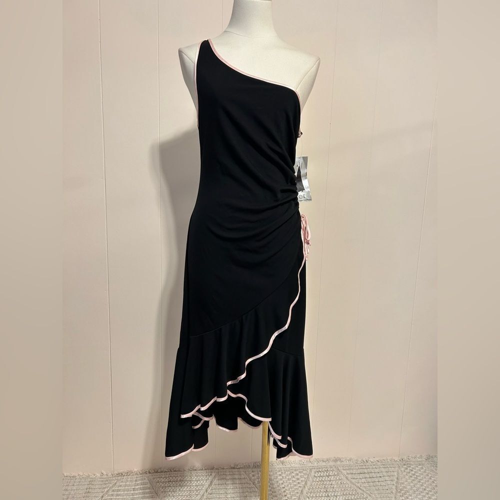 Vintage NWT City Triangle Black One-Shoulder Ruffle Midi Dress with Pink Trim L